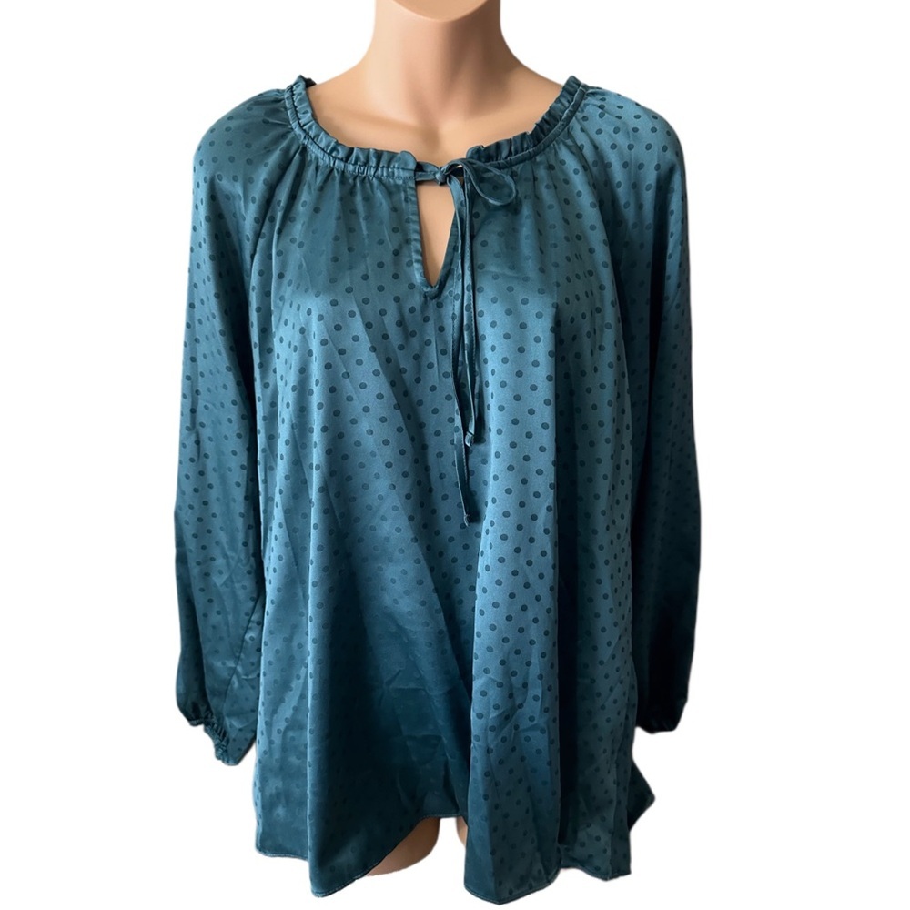 LC Lauren Conrad Teal/Green Polka Dot Tie-Neck Long Sleeve Blouse